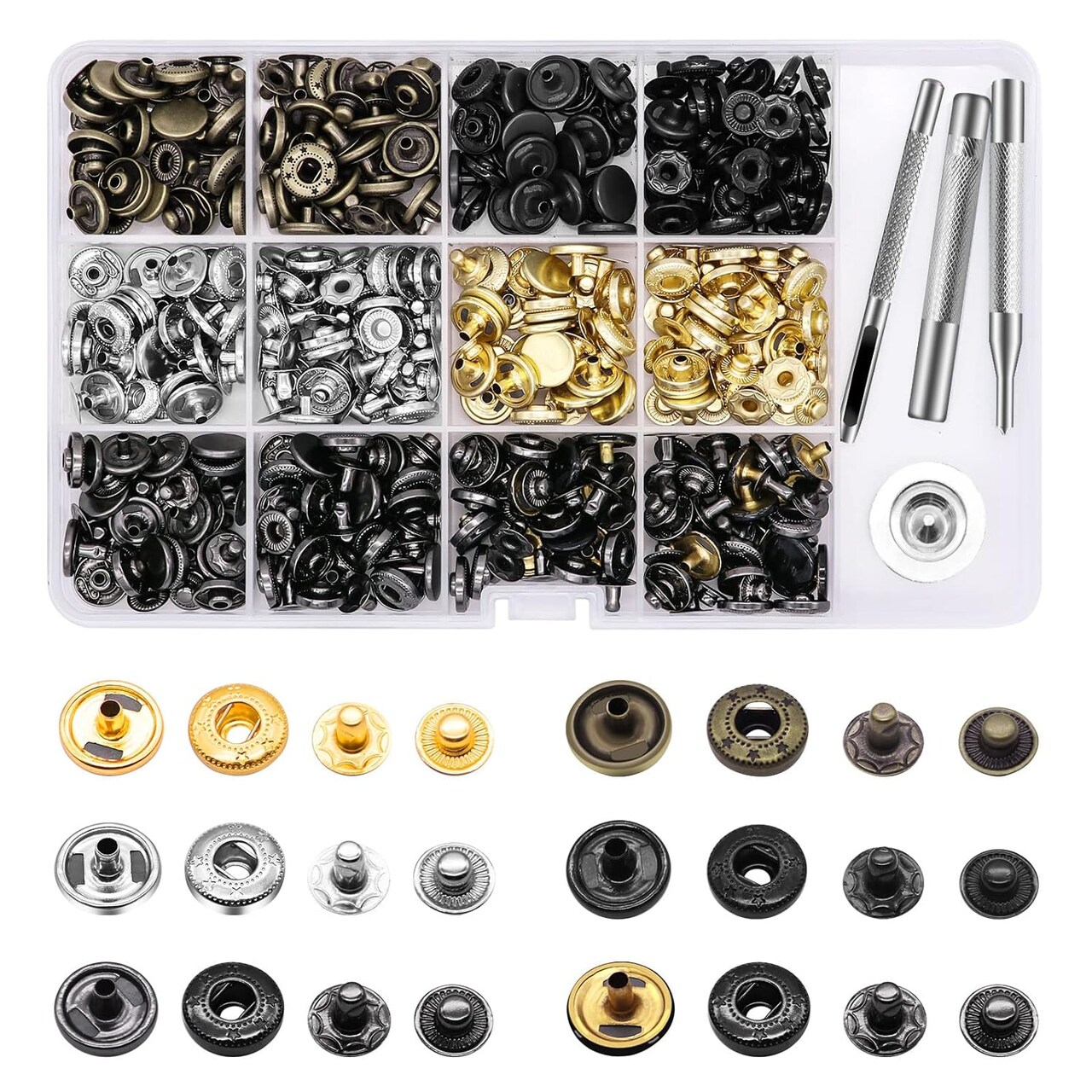 120 Set Leather Snap Fasteners Kit, 12.5mm Metal Button Snaps Press Studs with 4 Setter Tools, 6 Color Leather Snaps for Clothes, Jackets, Jeans Wears, Bracelets, Bags